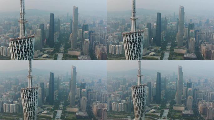 日落时间广州市著名塔顶视点市中心广场空中全景4k中国