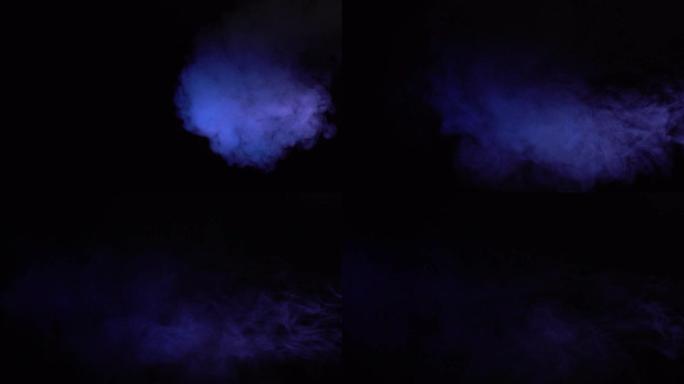 大气烟雾蓝雾效应。雾霾背景。抽象烟雾云。黑色背景上慢动作的烟雾。白烟在黑色背景下缓慢漂浮在太空中