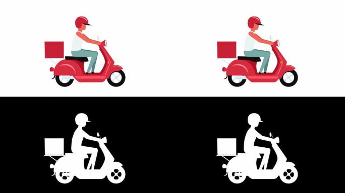 棍子图彩色象形图男人角色骑红色摩托车送货动画