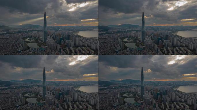 飞越首尔城市景观著名塔日落天空空中全景4k延时韩国