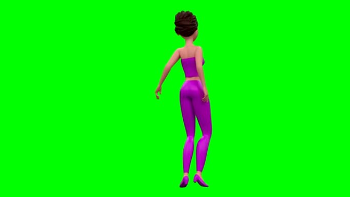 绿色屏幕上的3D动画《粉红色跳舞的女人》的后视图