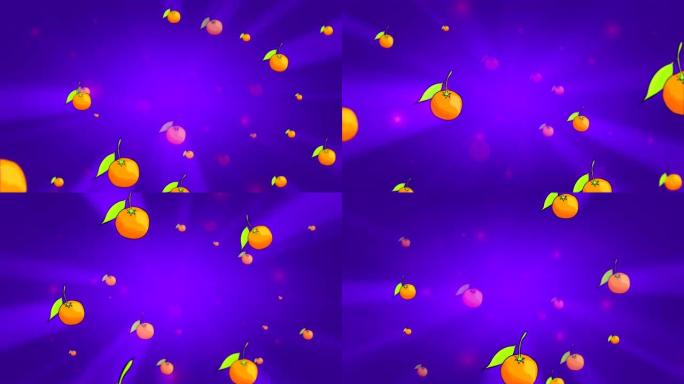 多汁的橘子从紫色背景上旋转的明亮光芒平滑地移动。3D循环动画。