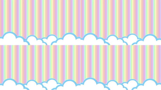布满云彩的蓝天从右向左移动。卡通天空动画渐变彩虹背景。平面动画。4k