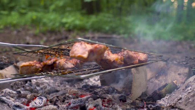 大自然森林里的烤肉。和朋友一起度假。厨师用刀将肉从烤架上移开，将其翻过来，看着烹饪。