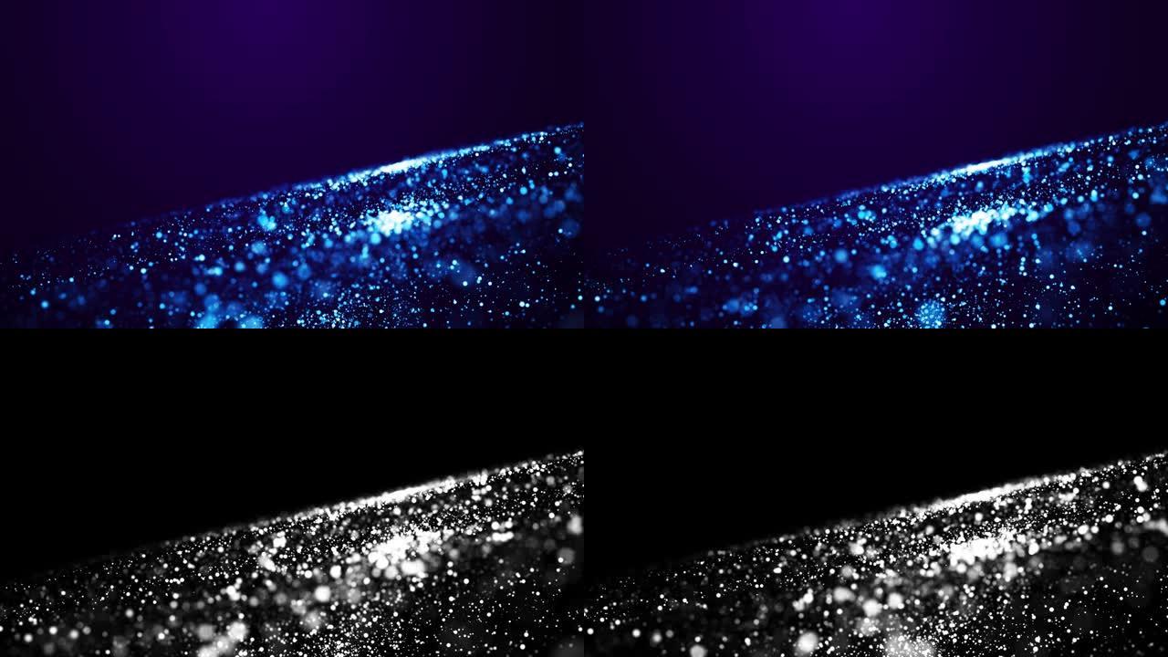 蓝色辉光粒子在带有散景的粘性液体中漂浮。神奇的光芒形成抽象的平面结构。节日活动4k的奇妙背景。亮度哑