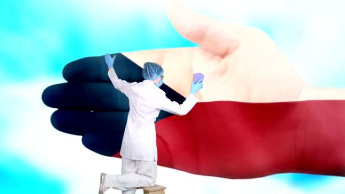 戴着医用口罩和手套的护士洗大手，涂上捷克共和国国旗的颜色。国家保健。洗手概念。病毒保护。疾病预防
