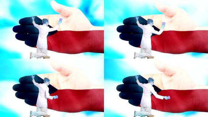 戴着医用口罩和手套的护士洗大手，涂上捷克共和国国旗的颜色。国家保健。洗手概念。病毒保护。疾病预防