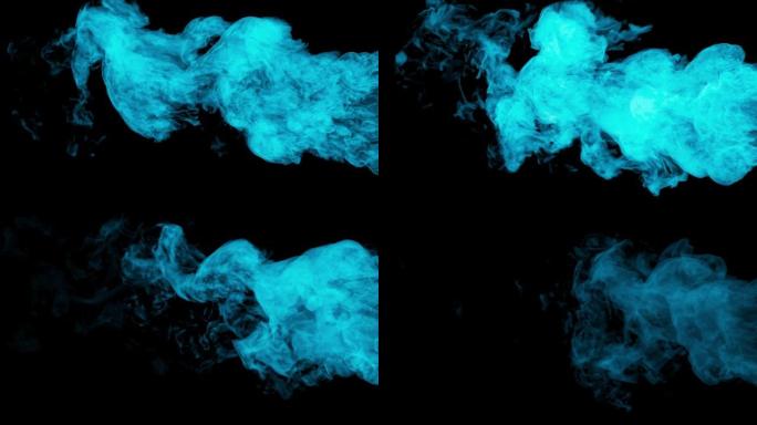 黑色背景上的4k蓝烟，抽象流体模拟。3D渲染