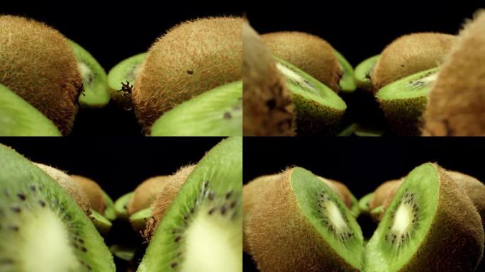 多汁新鲜猕猴桃切成两半超级微距特写高质量拍摄飞越