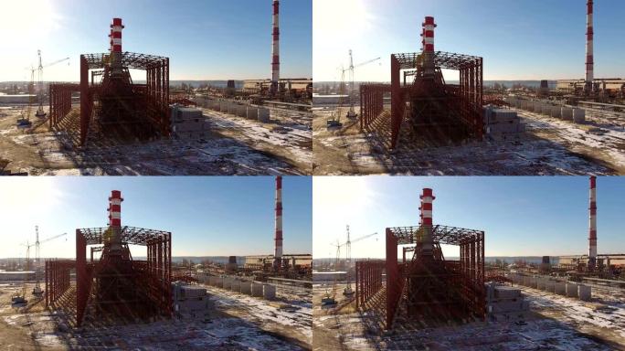 沃罗涅日的空中拍摄。沃罗涅日水库附近的热电站。俄罗斯。4K