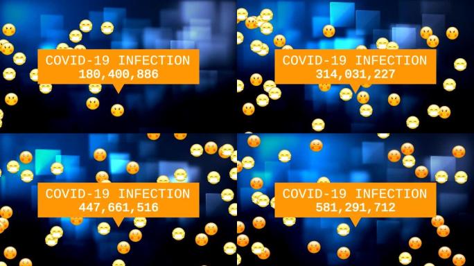 单词新型冠状病毒肺炎感染，数字越来越多地写在蓝色背景上的一组表情符号上