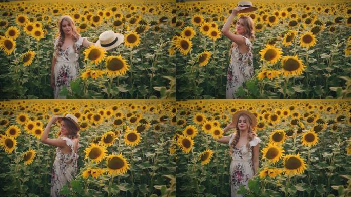 年轻美丽的坦率女人站在黄色的夏日田野上，从花向日葵中摘下帽子快乐的微笑。白色连衣裙复古发型两个金色辫