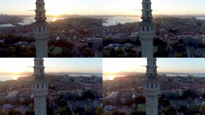 贝亚兹特塔和伊斯坦布尔历史半岛的鸟瞰图背景/4K