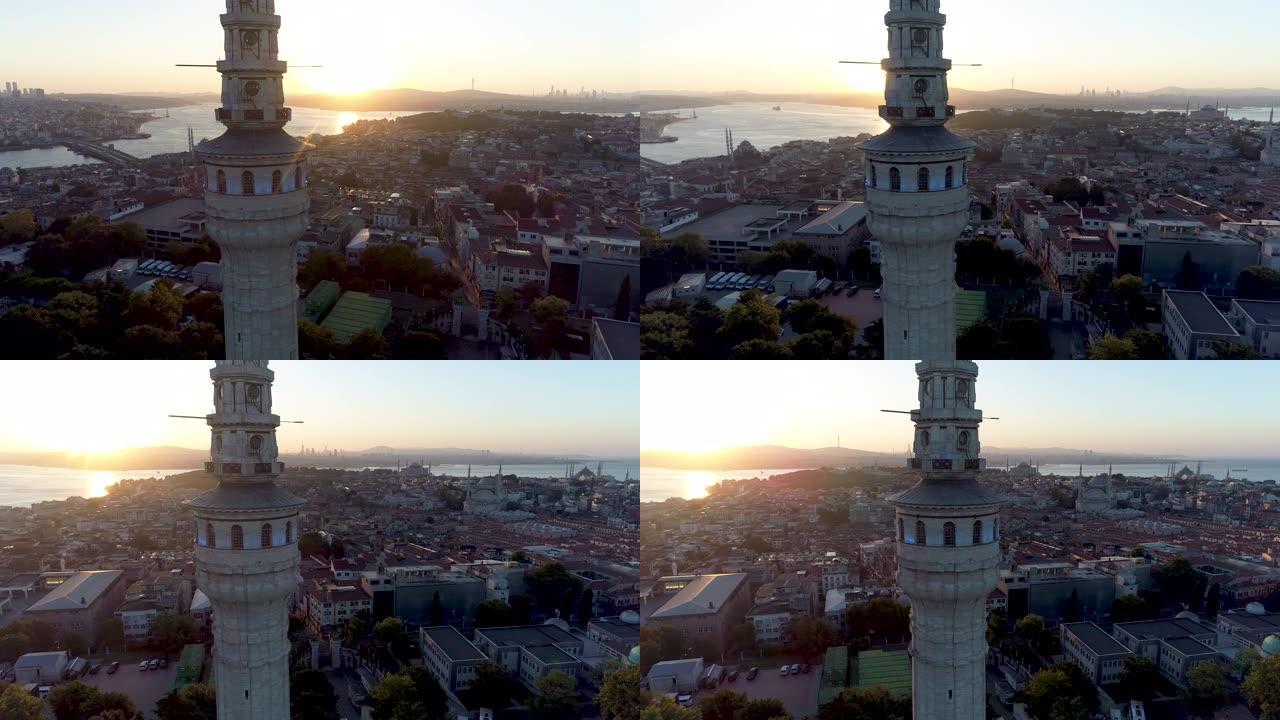 贝亚兹特塔和伊斯坦布尔历史半岛的鸟瞰图背景/4K