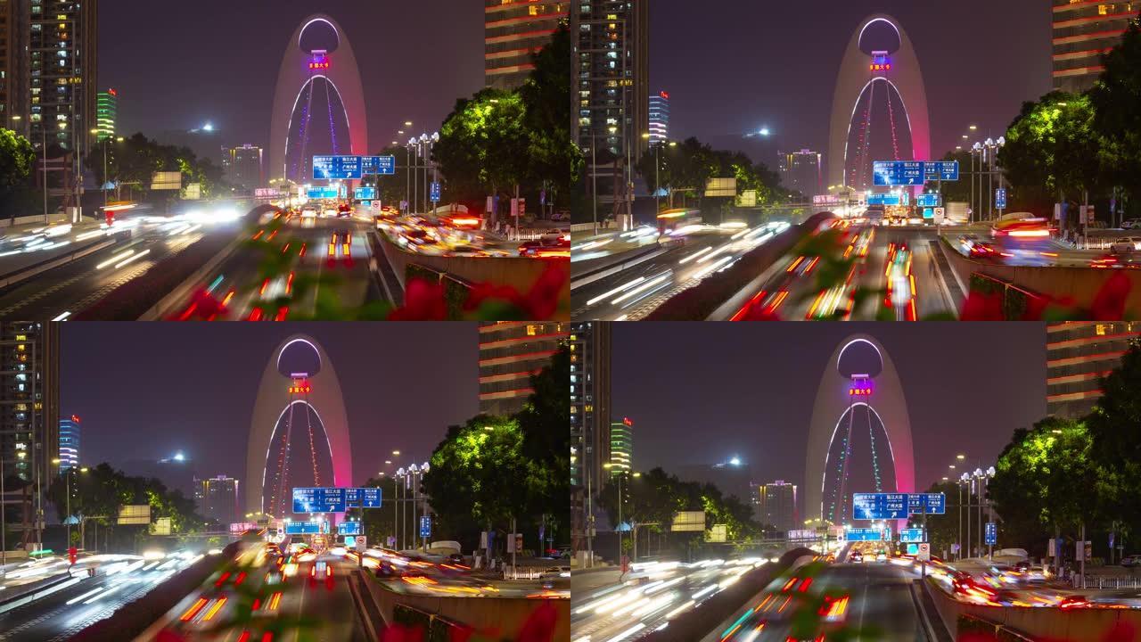 著名的瓜州市市区繁忙的交通路桥夜间照明延时全景4k中国
