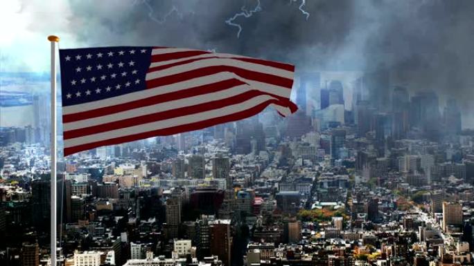 美国国旗飘扬并在大城市的暴风雨中坠落
