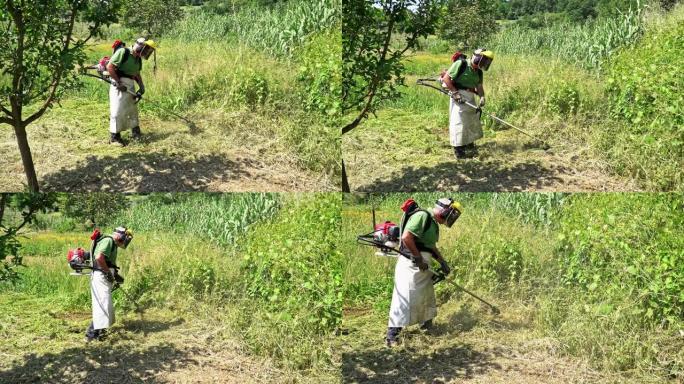 使用草修剪器的男人的慢动作