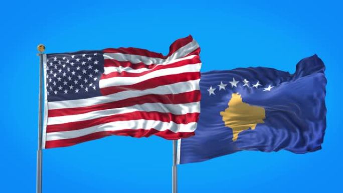科索沃和美国的国旗一起在深蓝色的天空中飘扬。高清3D渲染。