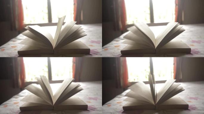 一本书在风中飘扬。打开带有页面移动背景的精装书。页面上模糊文本的出现是自然运动模糊。由窗户灯照亮。未