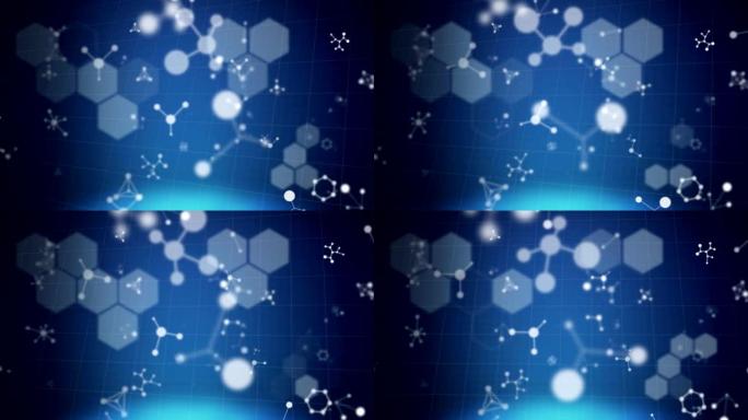 蓝色背景上漂浮的多分子和化学元素和DNA菌株的动画
