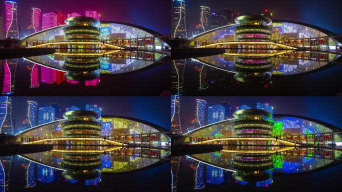 杭州市中心著名中央喷泉剧院反射延时全景4k中国