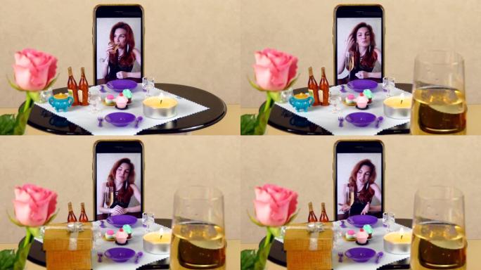 浪漫的约会和礼物在娃娃桌上使用智能手机进行视频通话