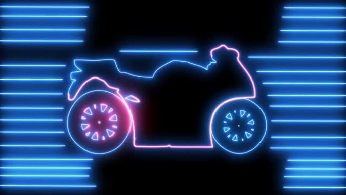 公路动画上的霓虹灯摩托车。Led，五颜六色的轮廓自行车，赛车手，骑手，斩波器，自由和旅行概念。复古摩