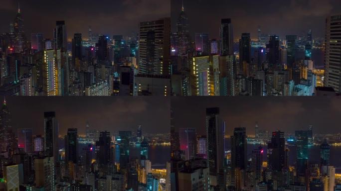 香港市区空中全景4k延时夜间照明飞行