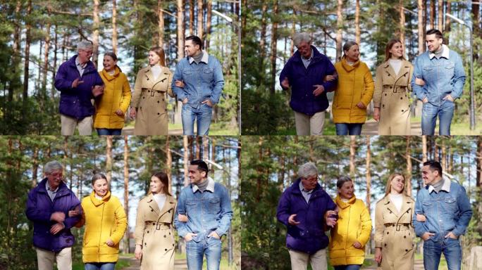 两对快乐的夫妇，老人和年轻人，手挽手穿过秋公园，兴高采烈地交谈。两代家庭一起度过时光