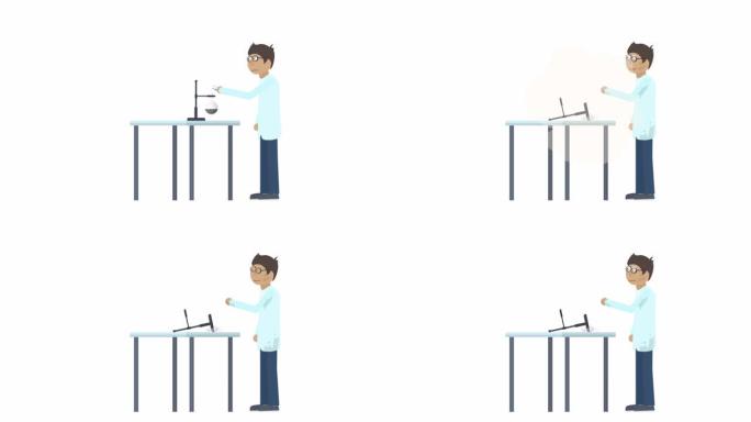 化学实验。实验室爆炸的动画。科学家卡通