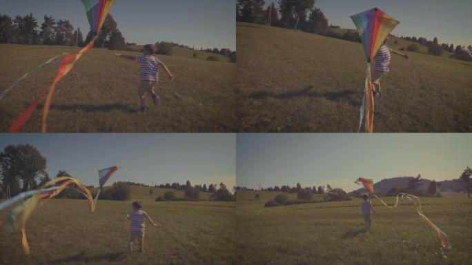 男孩放风筝的复古外观