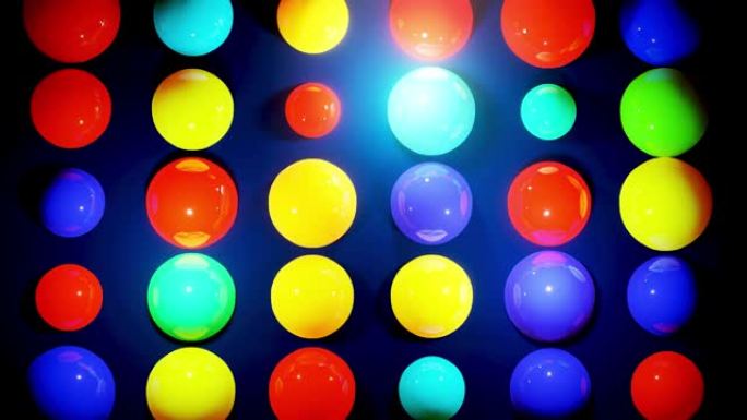 彩色球在平面上的抽象组成，它们随机发光并相互反射。像led这样的多色球体作为简单的几何深色背景，具有