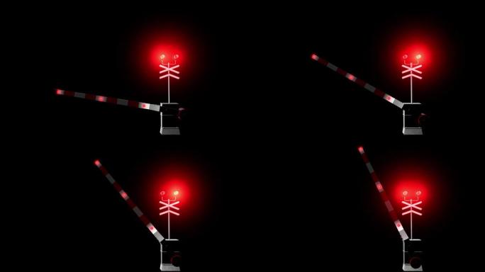 铁路道口工作的3d动画。过往车辆。铁路的障碍