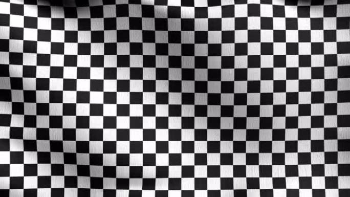 无缝环路4K VDO。方格旗。黑白方形。挥舞标志的3D渲染插图。幻觉模式背景。