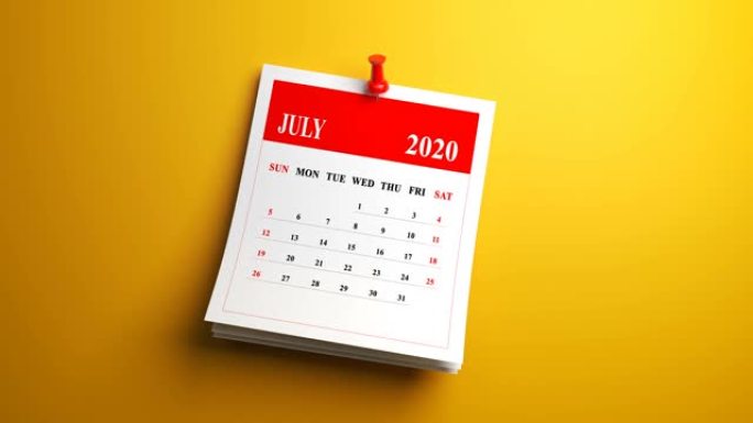 循环7月月份日历2020年黄色背景