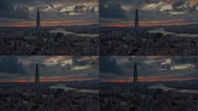 首尔著名塔河畔城市景观日落天空空中全景4k延时韩国