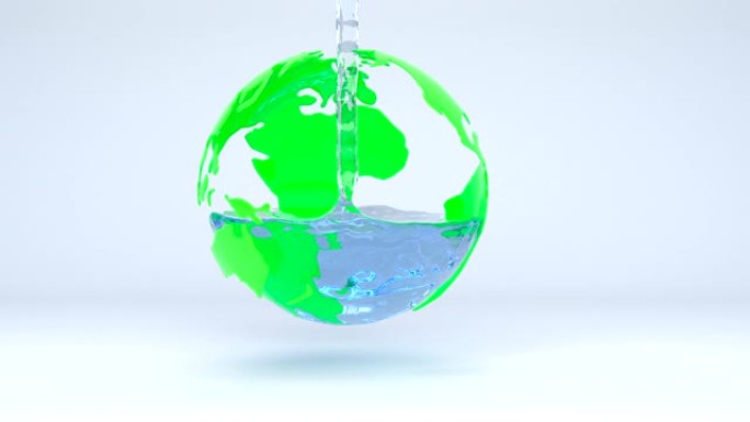 地球的3d模型充满水，3d动画，生命与水联系的概念