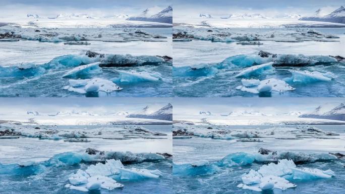 冰岛，Jokulsarlon泻湖，美丽的寒冷景观4k冰岛冰川泻湖湾的延时。4K Timelaspe