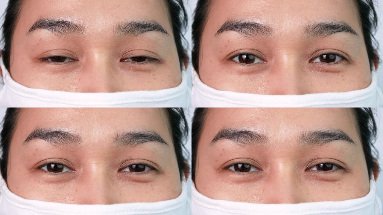 在白色背景上，戴着口罩的亚洲妇女的特写脸，以防止空气污染或病毒流行。医疗保健概念。