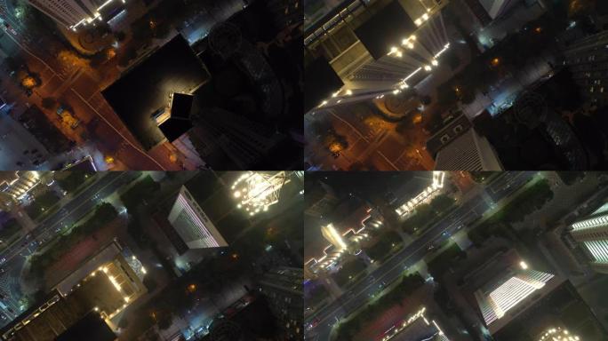 青岛市夜间照明市中心屋顶交通街空中俯拍全景4k中国