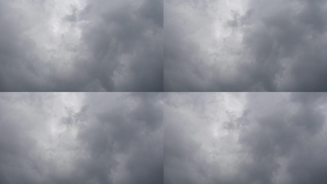 实时飞行惊人的灰色雨云。恶劣的天气，阴云密布的天空，带雨声的4k视频。