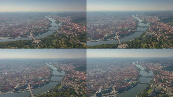 布拉格城市景观河畔空中全景4k延时捷克晴天飞行
