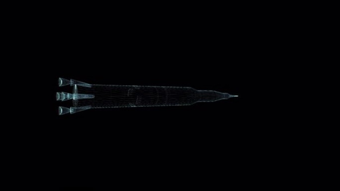 火箭全息线框。黑色背景上的漂亮3D动画，未来项目的无缝循环