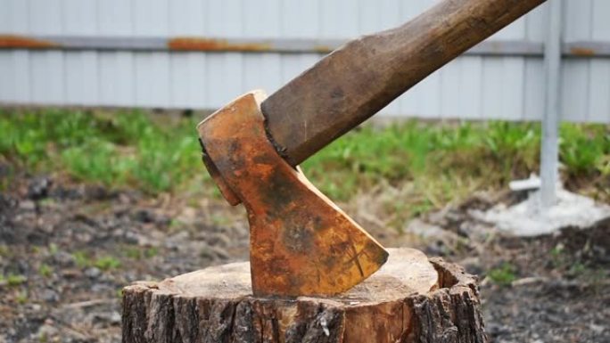 从树上取出一把生锈的斧头。使用农具
