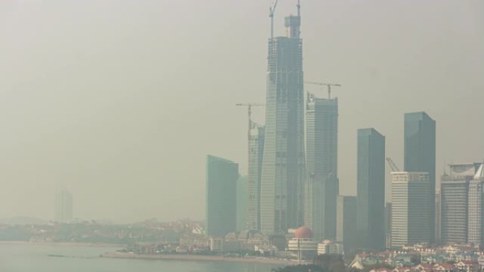 青岛市阳光烟雾著名海湾市中心建设全景延时4k中国