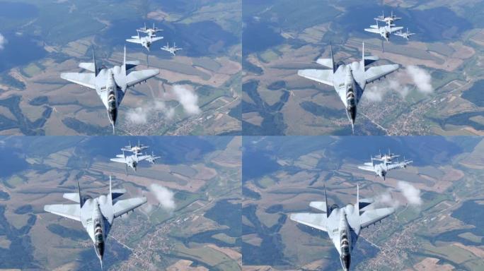 军用飞机编队飞行。Mikoyan Gurevich米格-29保加利亚和波兰空军空对空4K支点
