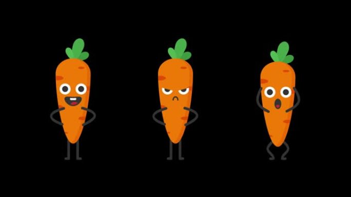 胡萝卜有趣的角色。三个动画是不惊讶。透明背景