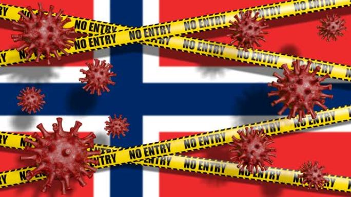 挪威国旗和没有进入标志。循环抽象冠状病毒背景