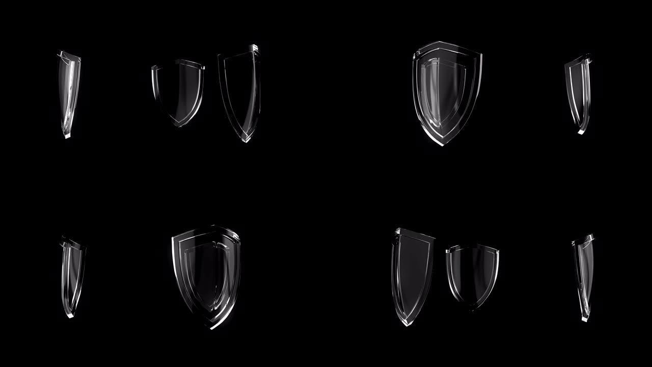 玻璃盾牌旋转3d动画，黑色背景上的保护标志，防御和安全循环