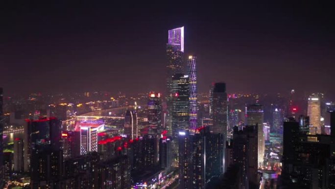 夜间照明广州市市区湾区交通道桥空中全景4k中国